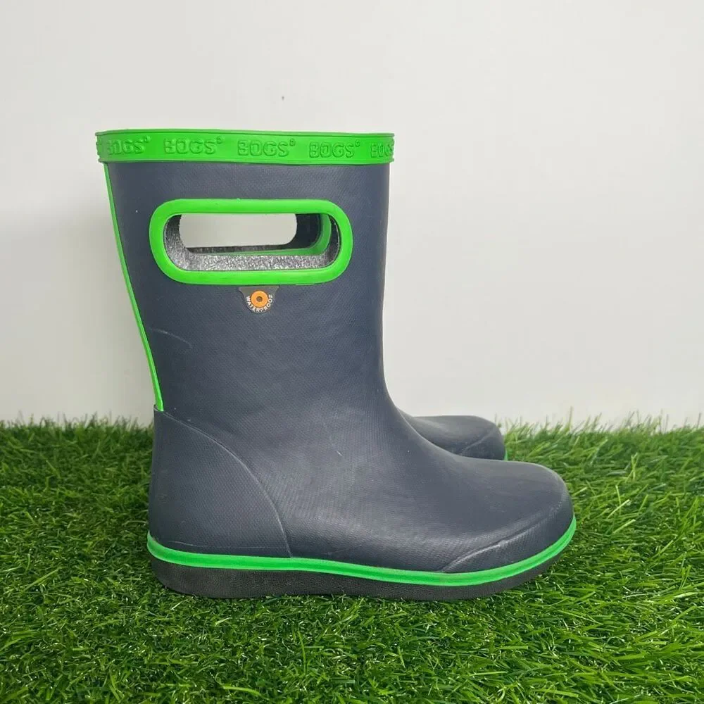 Bogs Kids Rain Boots Size 10 Waterproof Rubber Black Green Pull On Boots - Picture 3 of 7